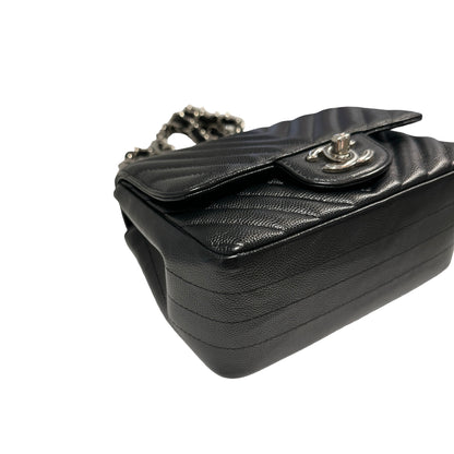 Used CHANEL Caviar Leather Mini Rectangular Flap Chain Shoulder Bag Black PHW