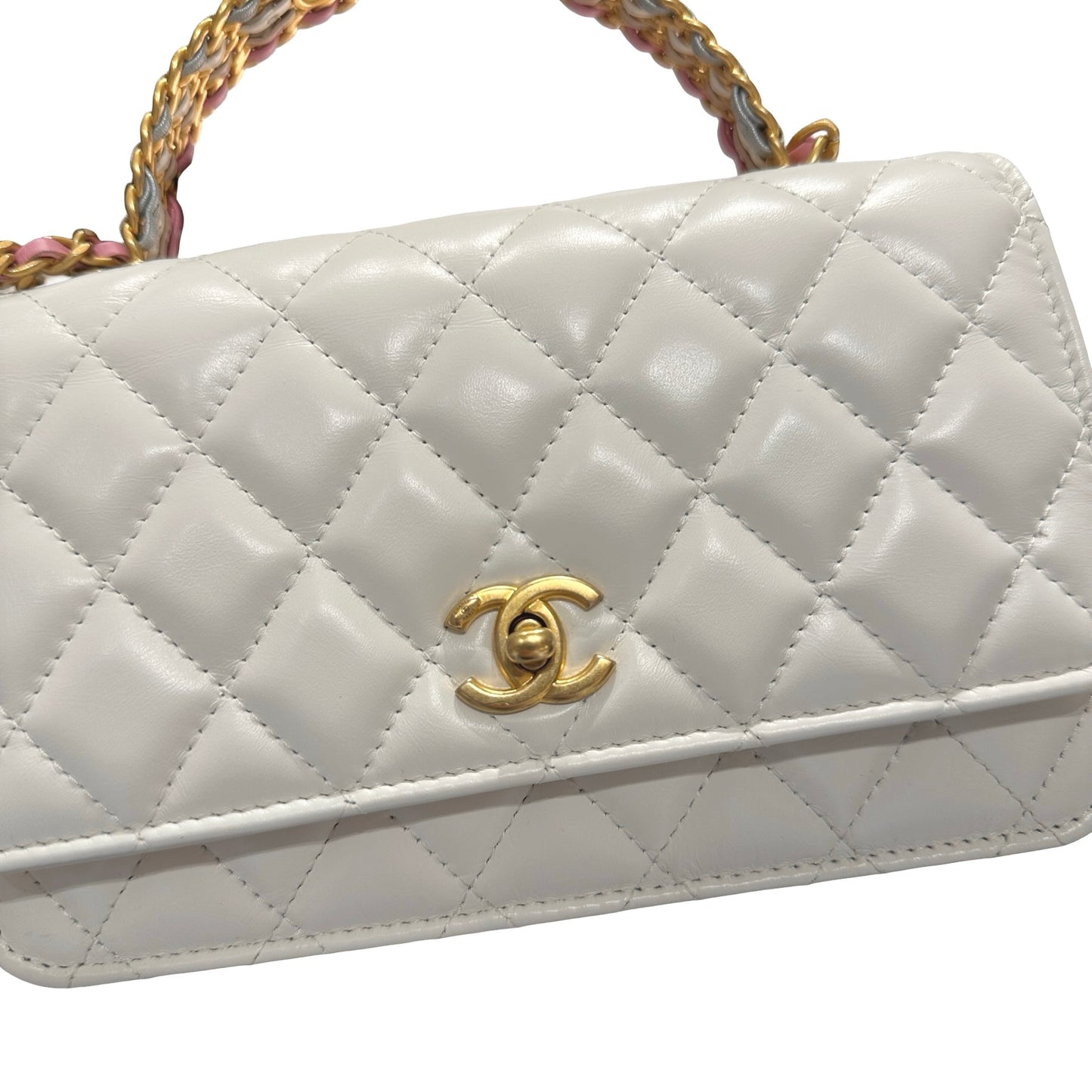 Used CHANEL Lambskin Leather 23P RAINBOW TOP HANDLE WOC Cross Body Bag White GHW
