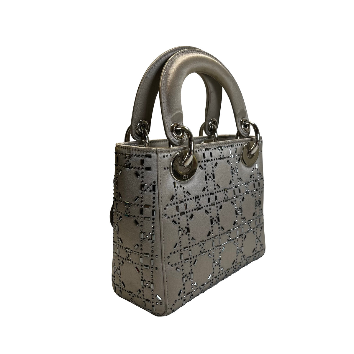 DIOR Cannage Studded Lady Dior Handbag Grey Silver