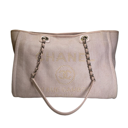Used CHANEL Canvas Logo Deauville Tote Tote Bag Beige GHW