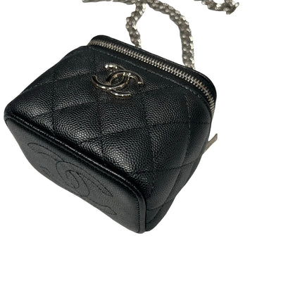 Used CHANEL Vanity Case with Black White Chain Cross Body Bag Black PHW