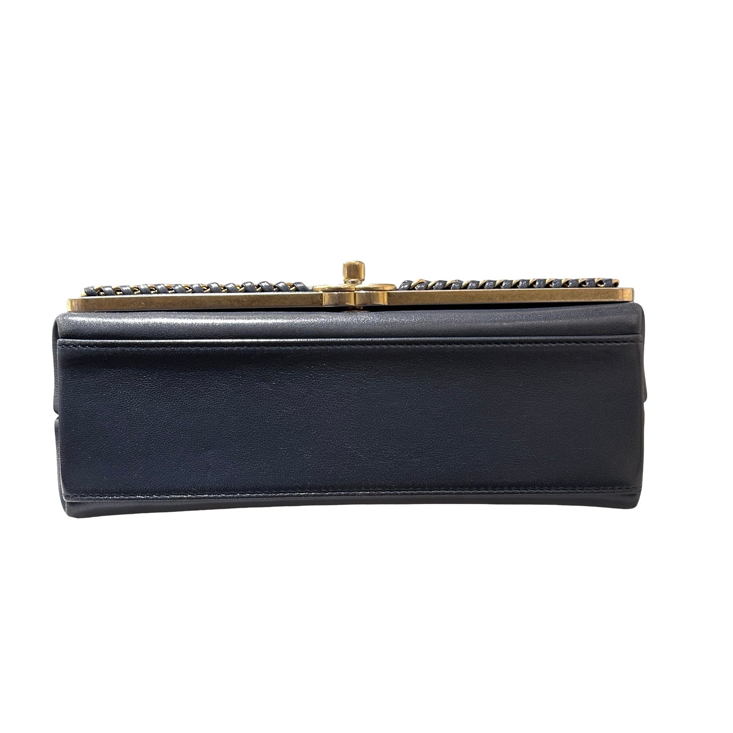 Used CHANEL Sheep Skin Chevron Top Handle Chain Shoulder Bag Navy GHW