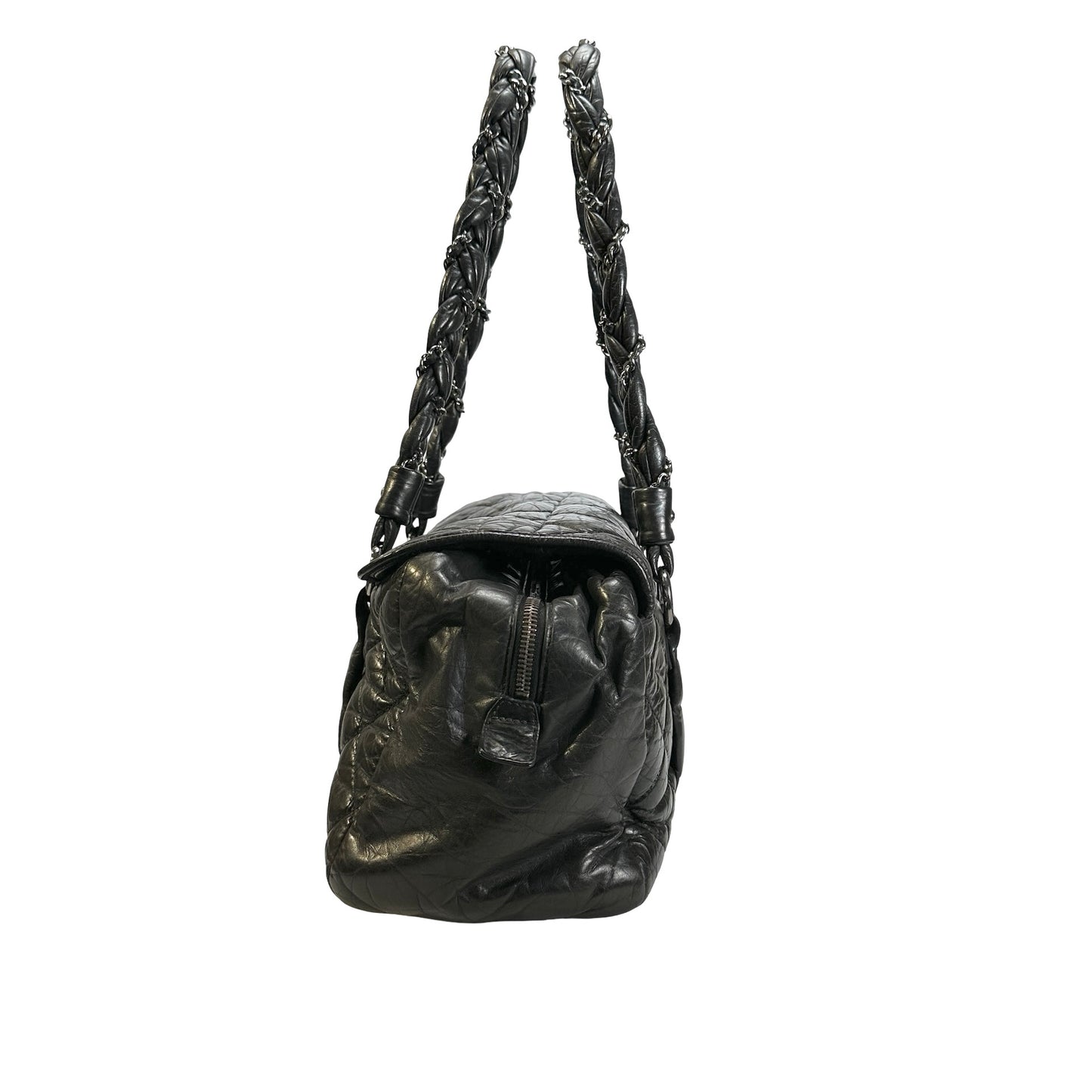 Used CHANEL Quilted Quilted Aged Calfskin Bowler Bag Handbag Black