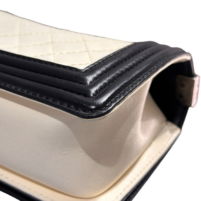 Used CHANEL Lambskin Leather Boy 20cm Shoulder Bag Black White