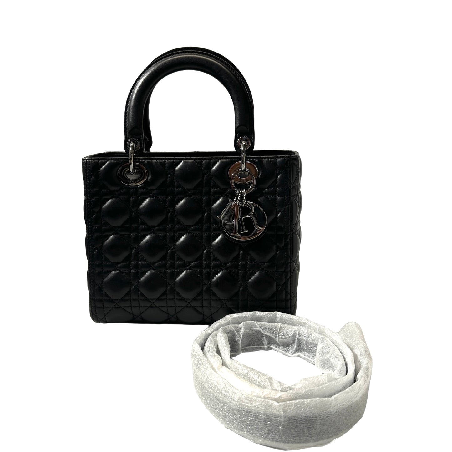 Used DIOR Lambskin Leather Lady Dior Medium Handbag Black