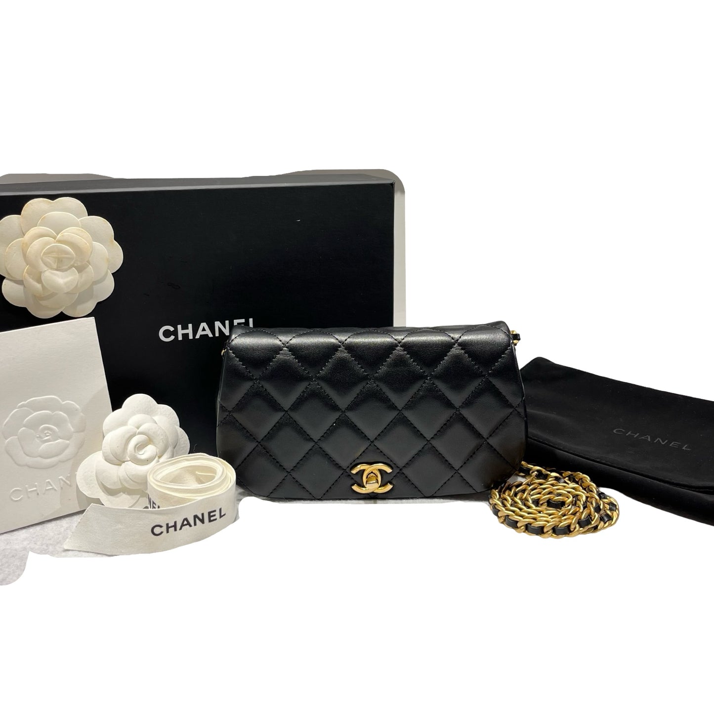 Used CHANEL Lambskin Leather Cross Body Bag Black GHW