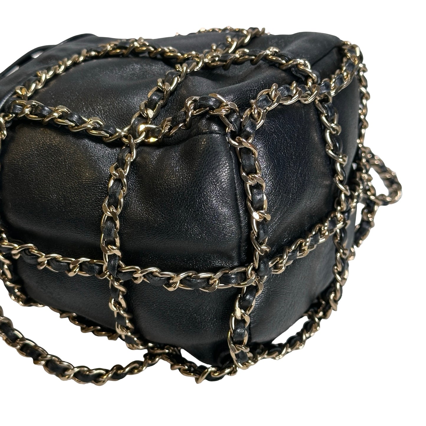 Used CHANEL Leather Drawstring Bag Drawstring Bag Black GHW