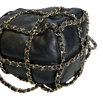 Used CHANEL Leather Drawstring Bag Drawstring Bag Black GHW