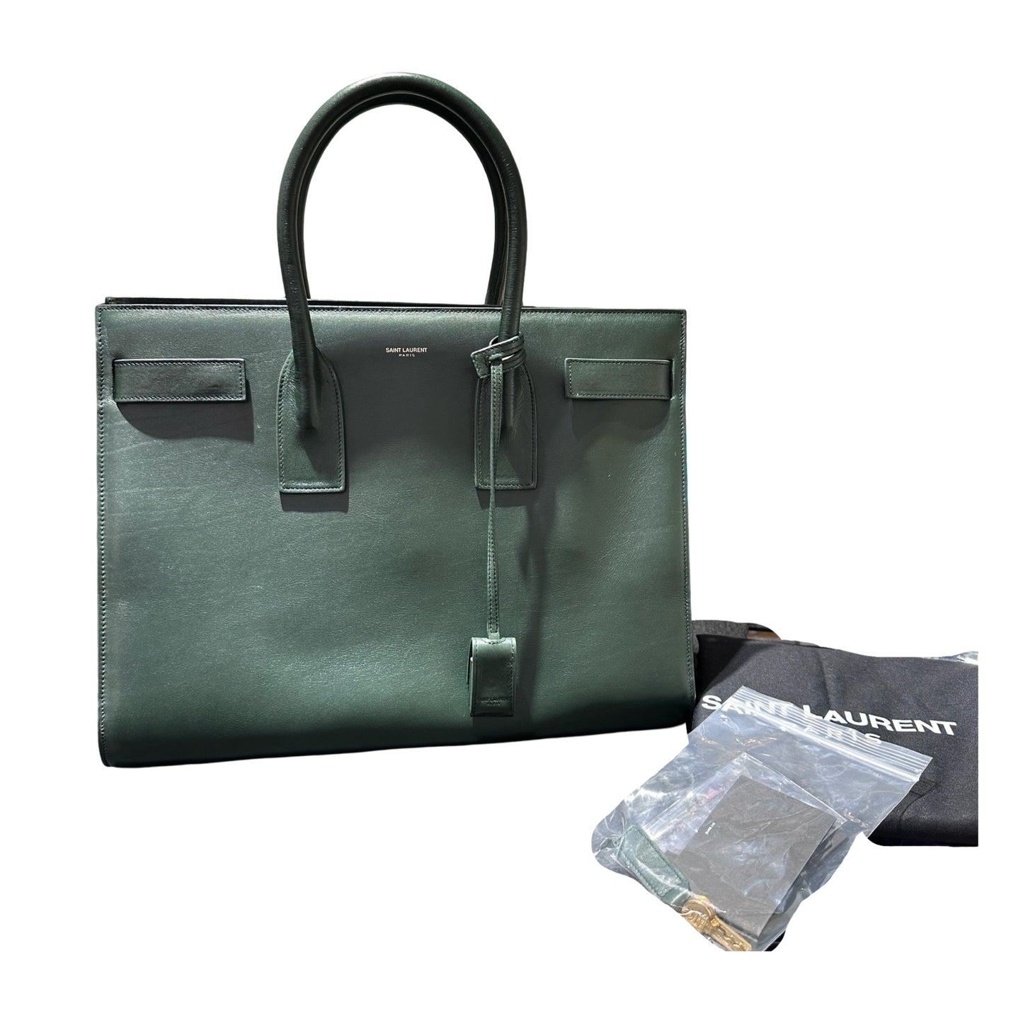 Used Saint Laurent Calfskin Leather Sac de Jour Tote Bag Green GHW