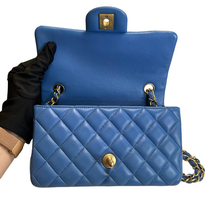 Used CHANEL Quilted Lambskin Classic Flap Handbag Blue Gold hardware