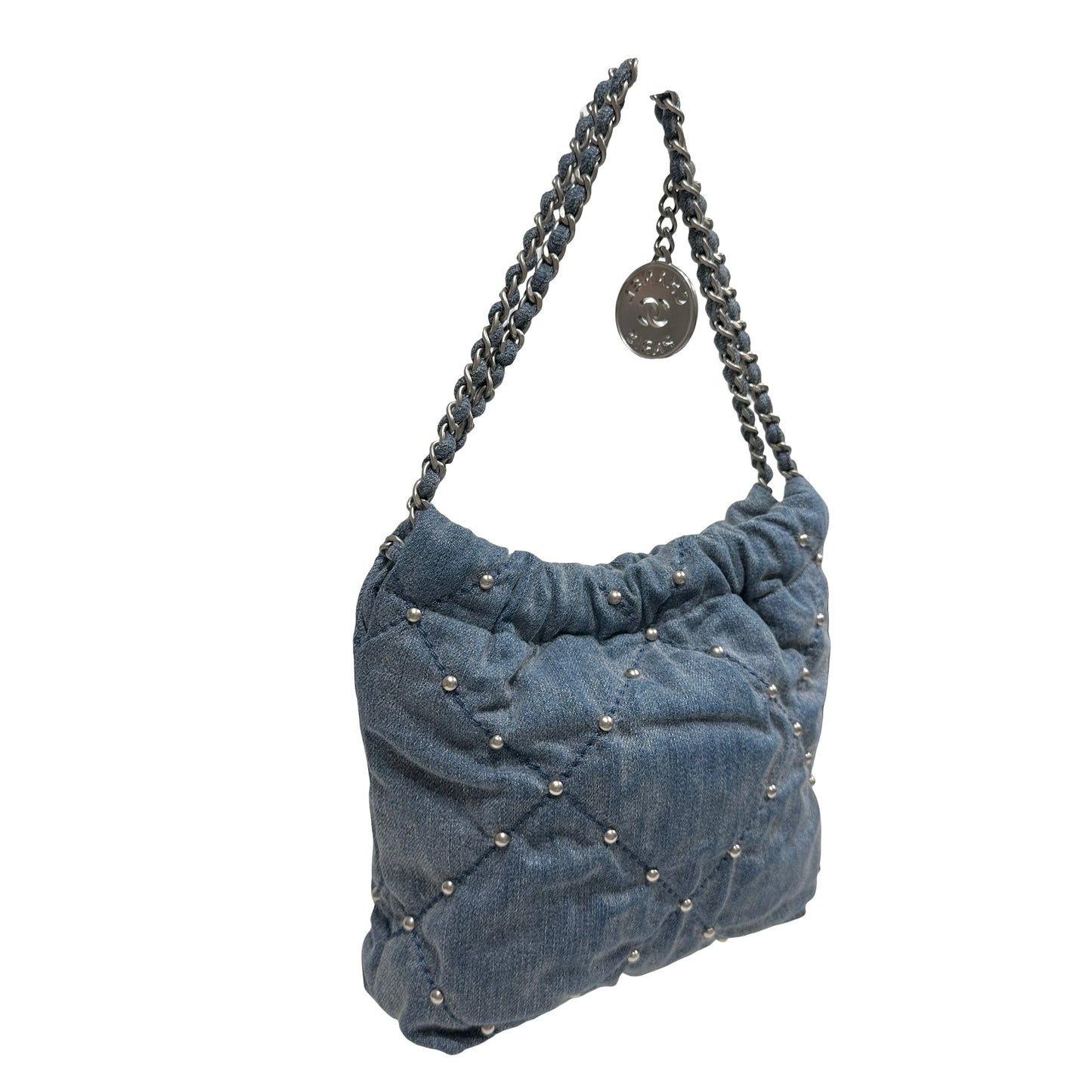 Used CHANEL Denim Quilted Studded Chanel 22 Mini Bag Blue Silver
