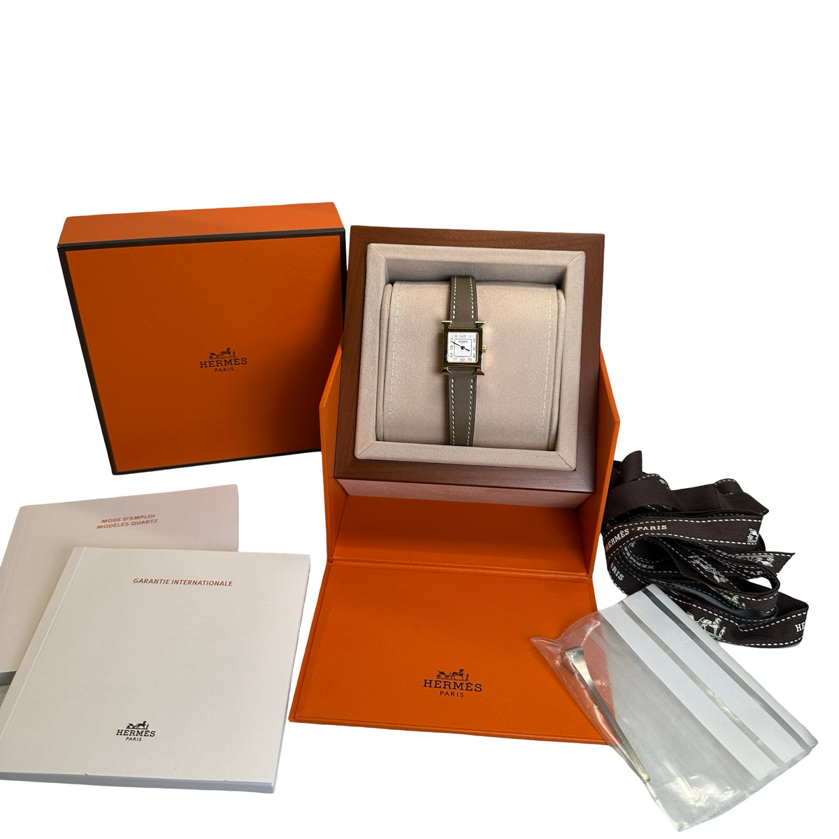 Used HERMES Leather Gold Plated Heure H Watch Green Gold White
