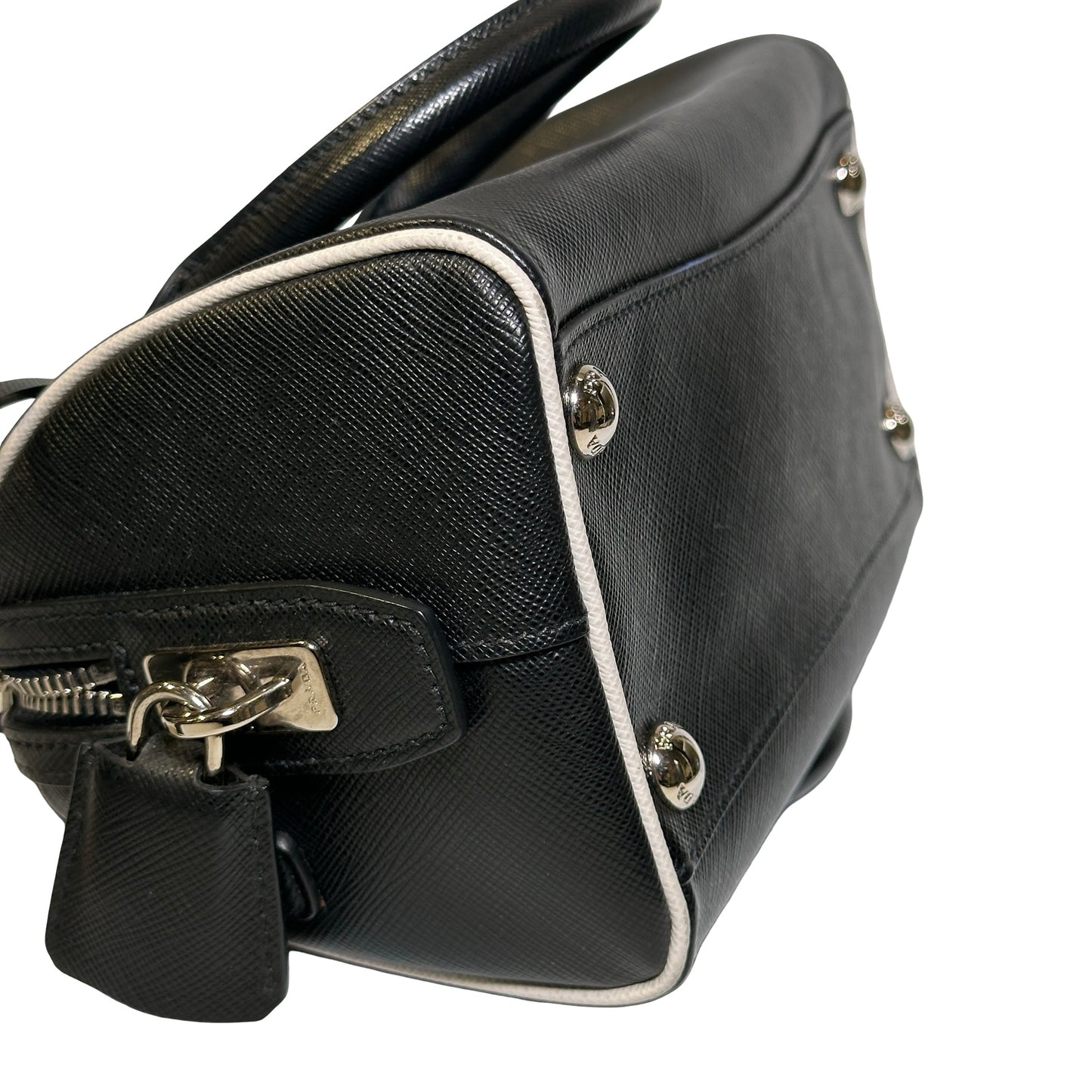 Used PRADA Lambskin Leather Small Top Handle Cross Body Bag PHW Black