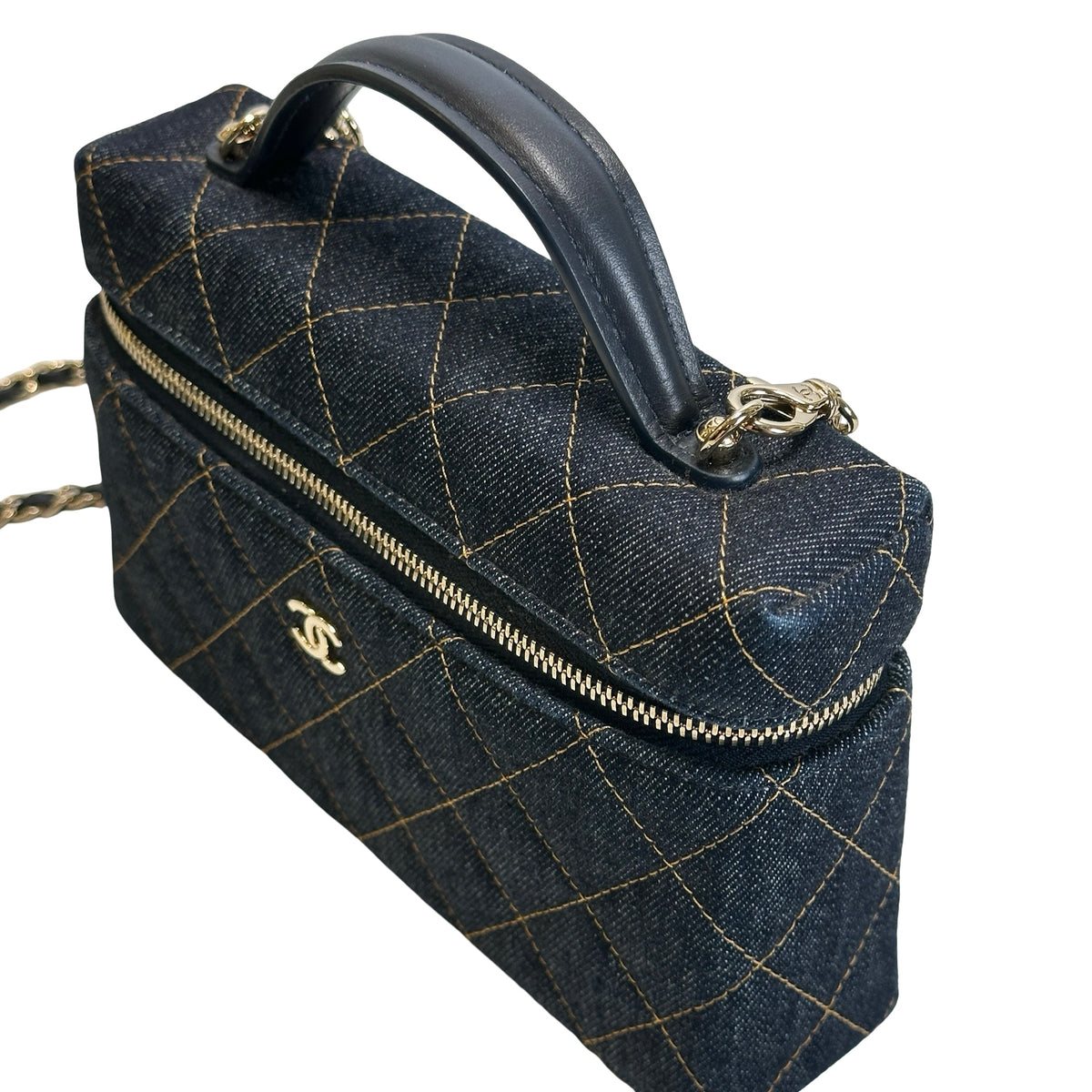 Used CHANEL Quilted Denim Denim Vanity Bag Vanity case Blue