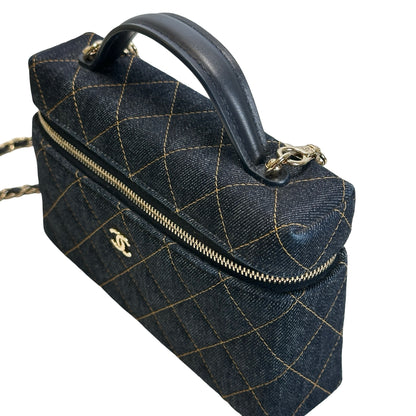 Used CHANEL Quilted Denim Denim Vanity Bag Vanity case Blue