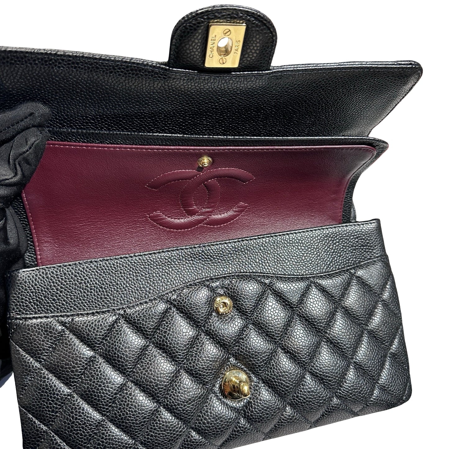 Used CHANEL Caviar Leather Classic Flap Medium Chain Shoulder Bag Black PHW
