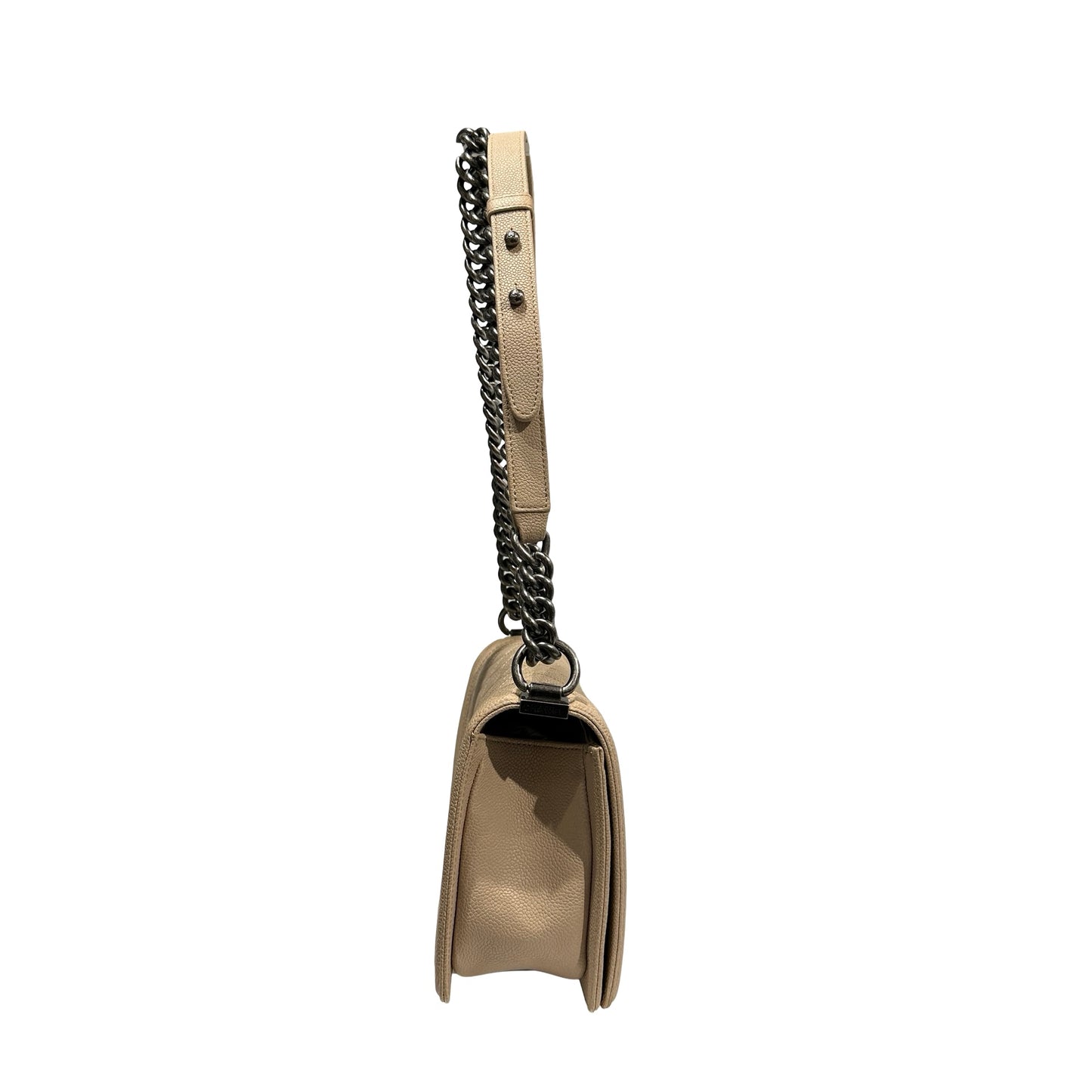 Used Chanel Caviar Leather Boy 25 Shoulder Bag Beige PHW