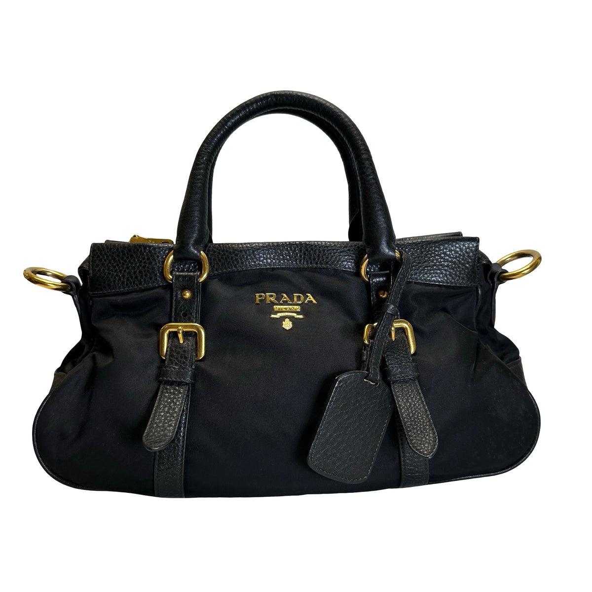 Used PRADA Nylon Leather Tessuto Vitello Daino Satchel Handbag Black Gold