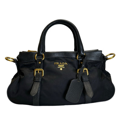 Used PRADA Nylon Leather Tessuto Vitello Daino Satchel Handbag Black Gold