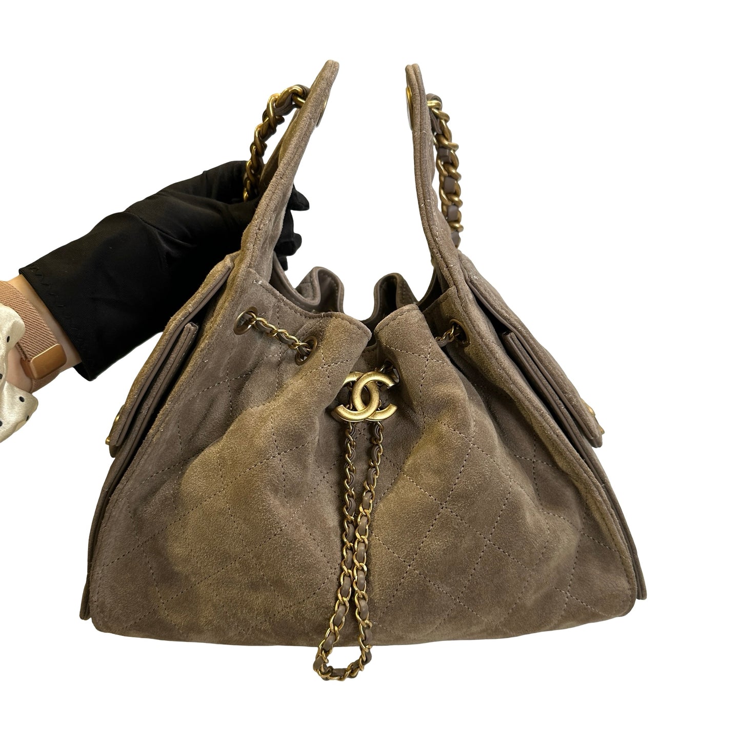 Used CHANEL Suede Quilted Suede Quilted Handbag Handbag Khaki Gold