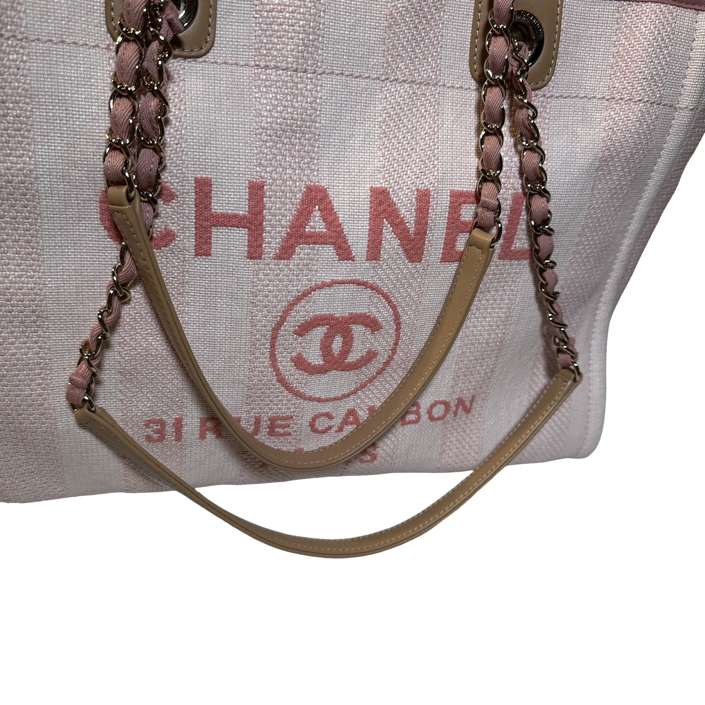 Used CHANEL Canvas Deauville Tote Shoulder Bag Pink GHW
