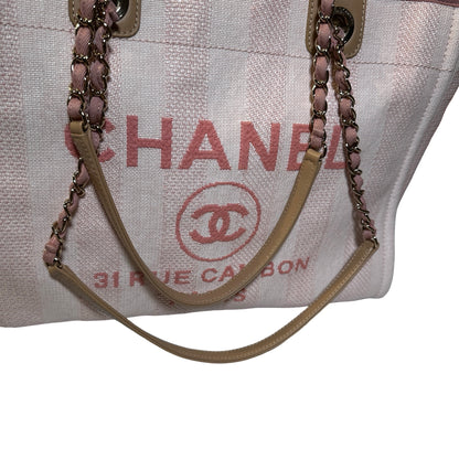 Used CHANEL Canvas Deauville Tote Shoulder Bag Pink GHW