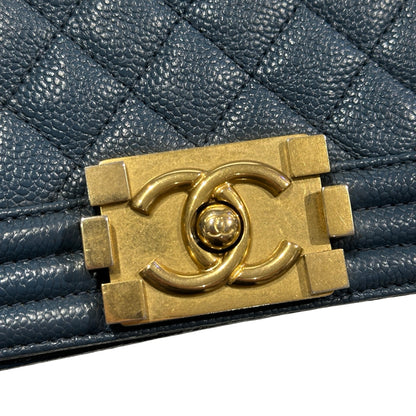 Used Chanel Calfskin Leather Boy 25 Shoulder Bag GHW Blue