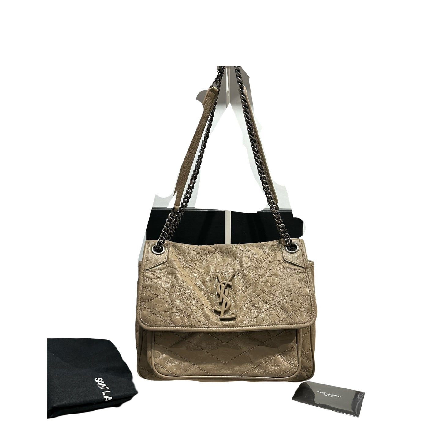Used SAINT LAURENT Chevron Quilted Niki Chain Shoulder Bag Beige