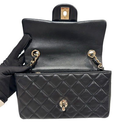 Used CHANEL Lambskin Quilted Mini Flap Bag Coco Charms Mini Bag Black Gold Hardware