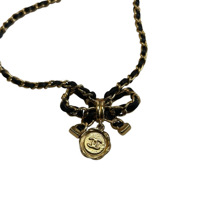 Used CHANEL Chain Bow Bow Ribbon Chain Necklace Gold Black