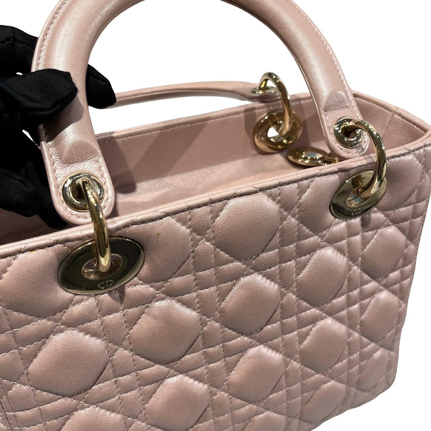 Used DIOR Lambskin Leather Lady Dior Medium Shoulder Bag Pink