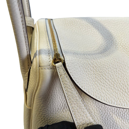 Used HERMES Leather Clemence Lindy Handbag Cream Off-White