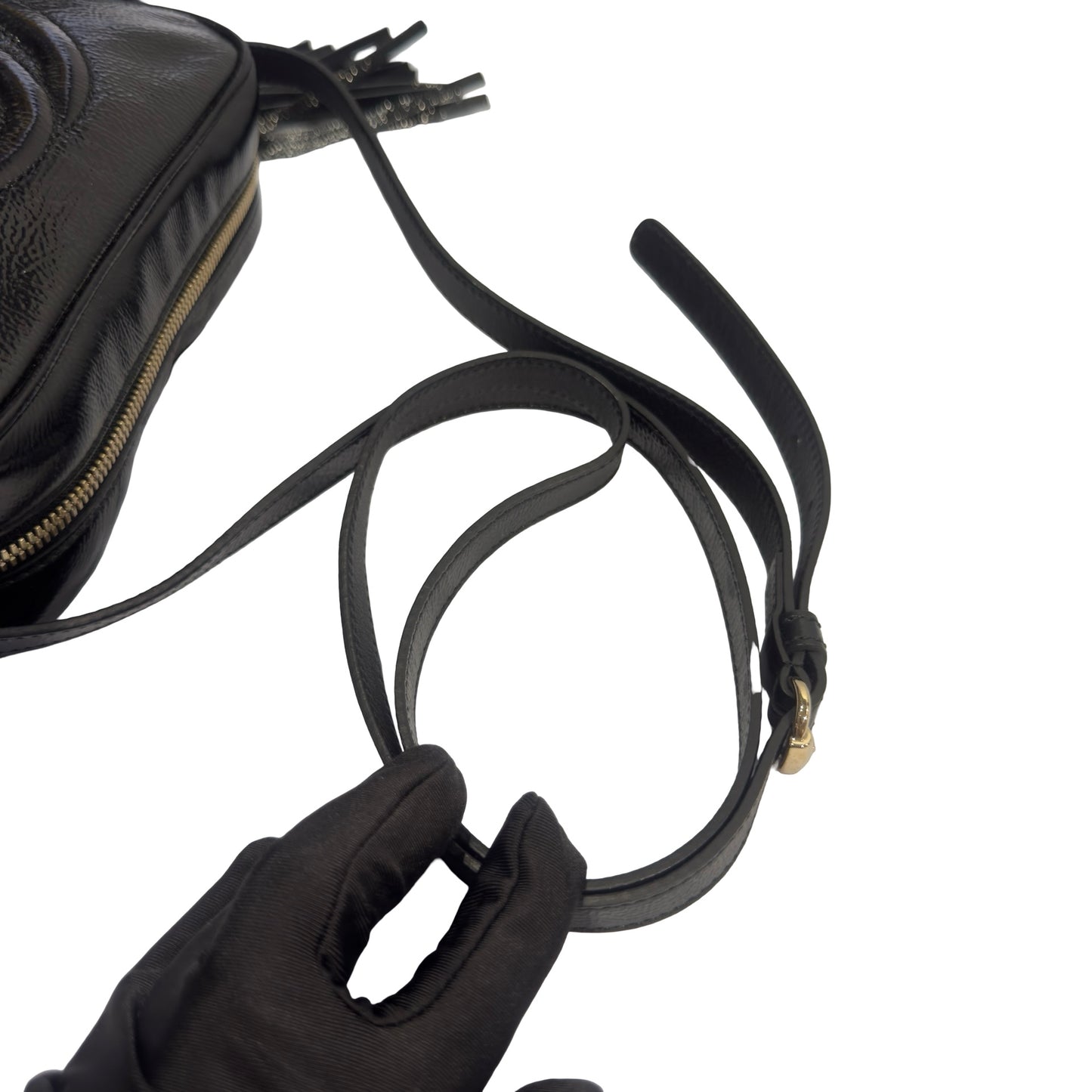 Used GUCCI Patent Leather GG Logo Soho Disco Crossbody Bag Black