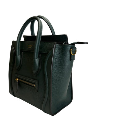 Used CELINE Drummed Calfskin Luggage Nano Handbag Dark Green