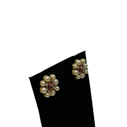 Used CHANEL Faux Pearl Strass CC Logo Pearl Stud Earrings Gold White Pink