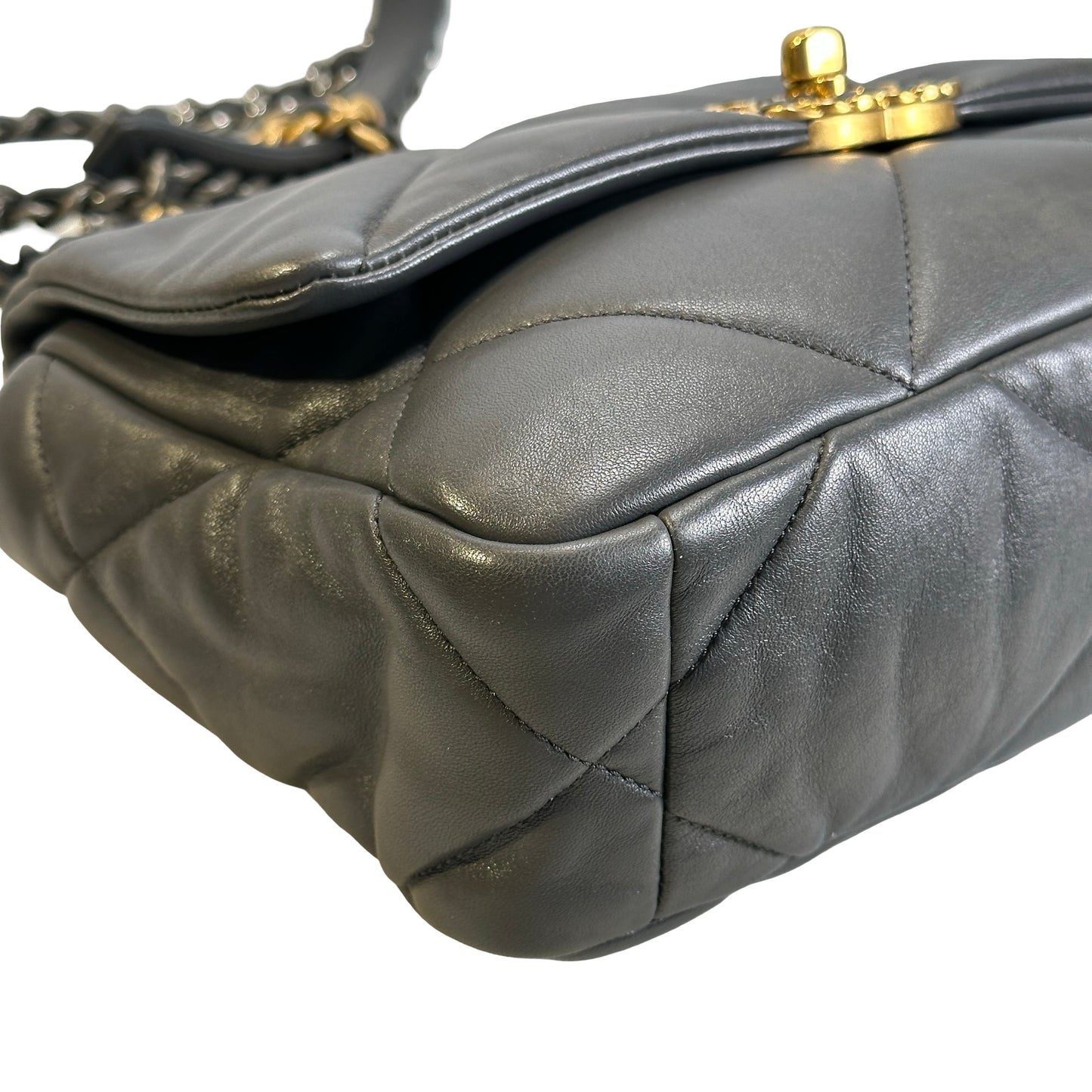 Used CHANEL Quilted Goatskin Chanel 19 Chain Shoulder Bag Grey Gold Ruthenium