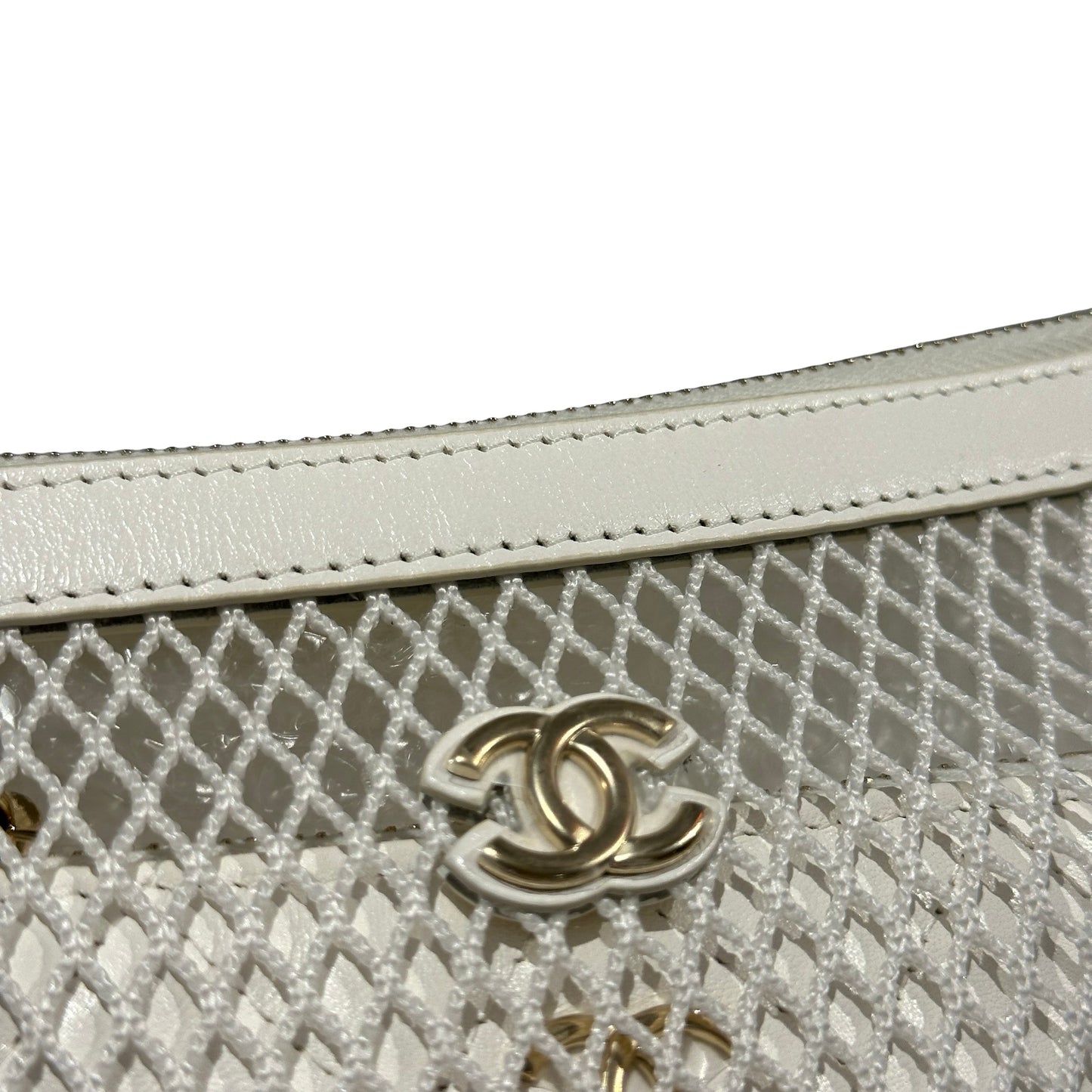 Used CHANEL Mesh Leather 25S Half Moon Clutch Hobo Bag White GHW