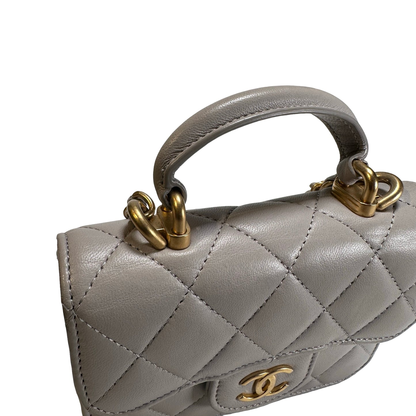 Used CHANEL Quilted Lambskin Mini Flap Bag with Top Handle Mini Bag Grey GHW