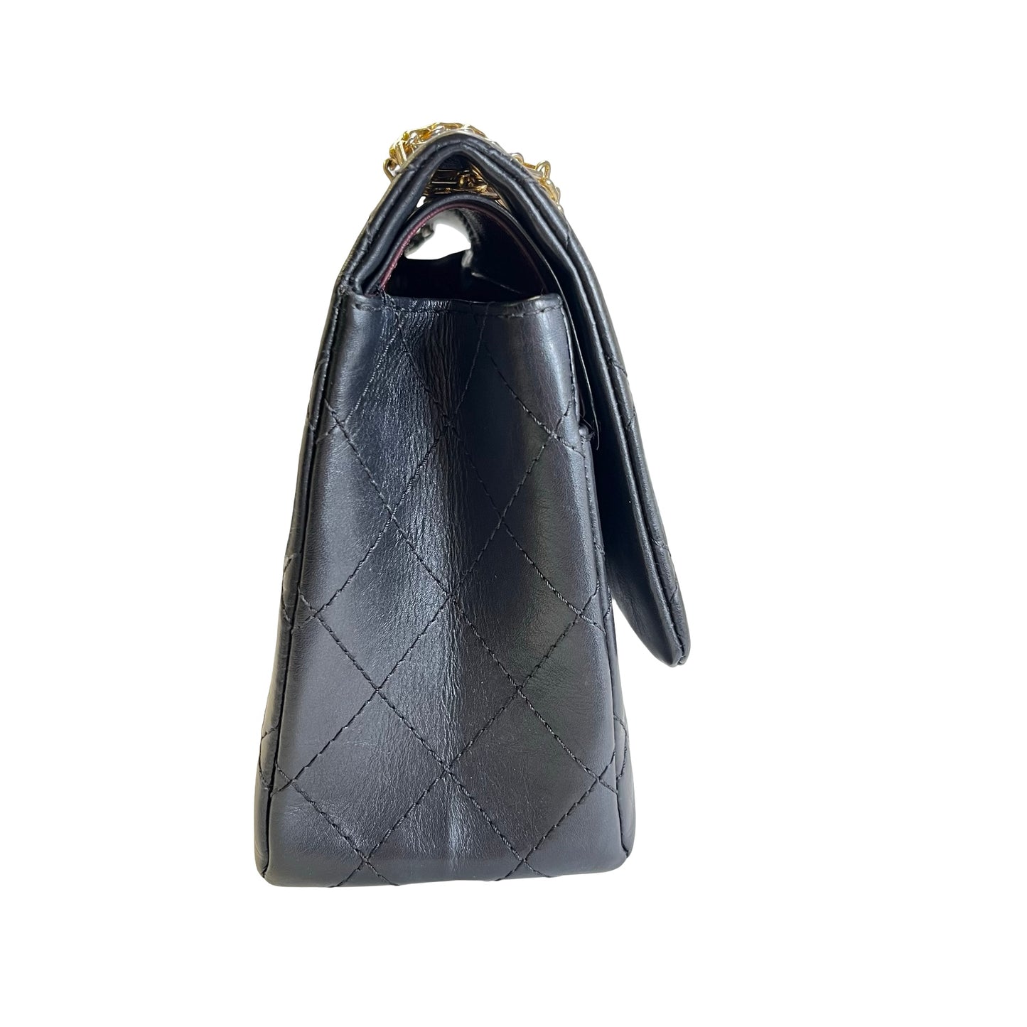 Used CHANEL Calfskin 2.55 Medium 28 Chain Shoulder Bag Black Gold