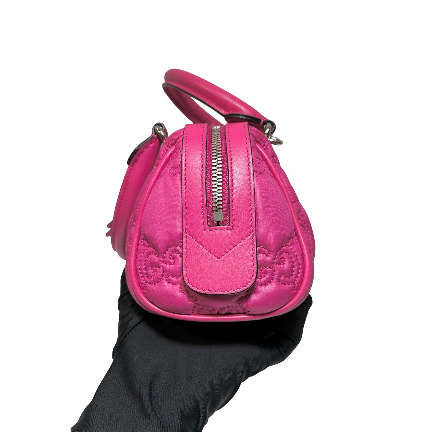 Used GUCCI GG CANVAS Calfskin Leather GG Matelasse Mini Bowling Handbag Pink PHW
