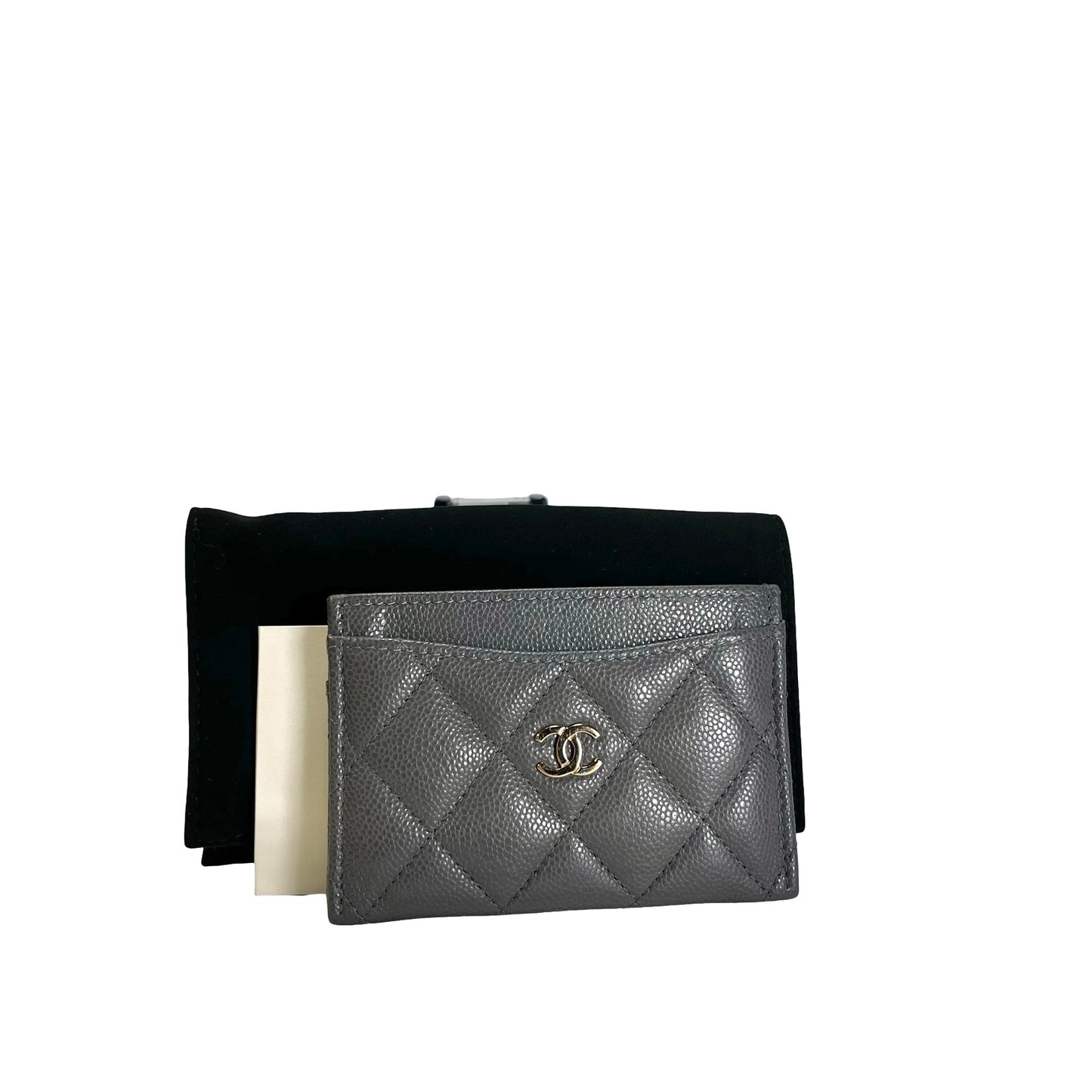 Used CHANEL Caviar Quilted Classic Card Case Grey Gold
