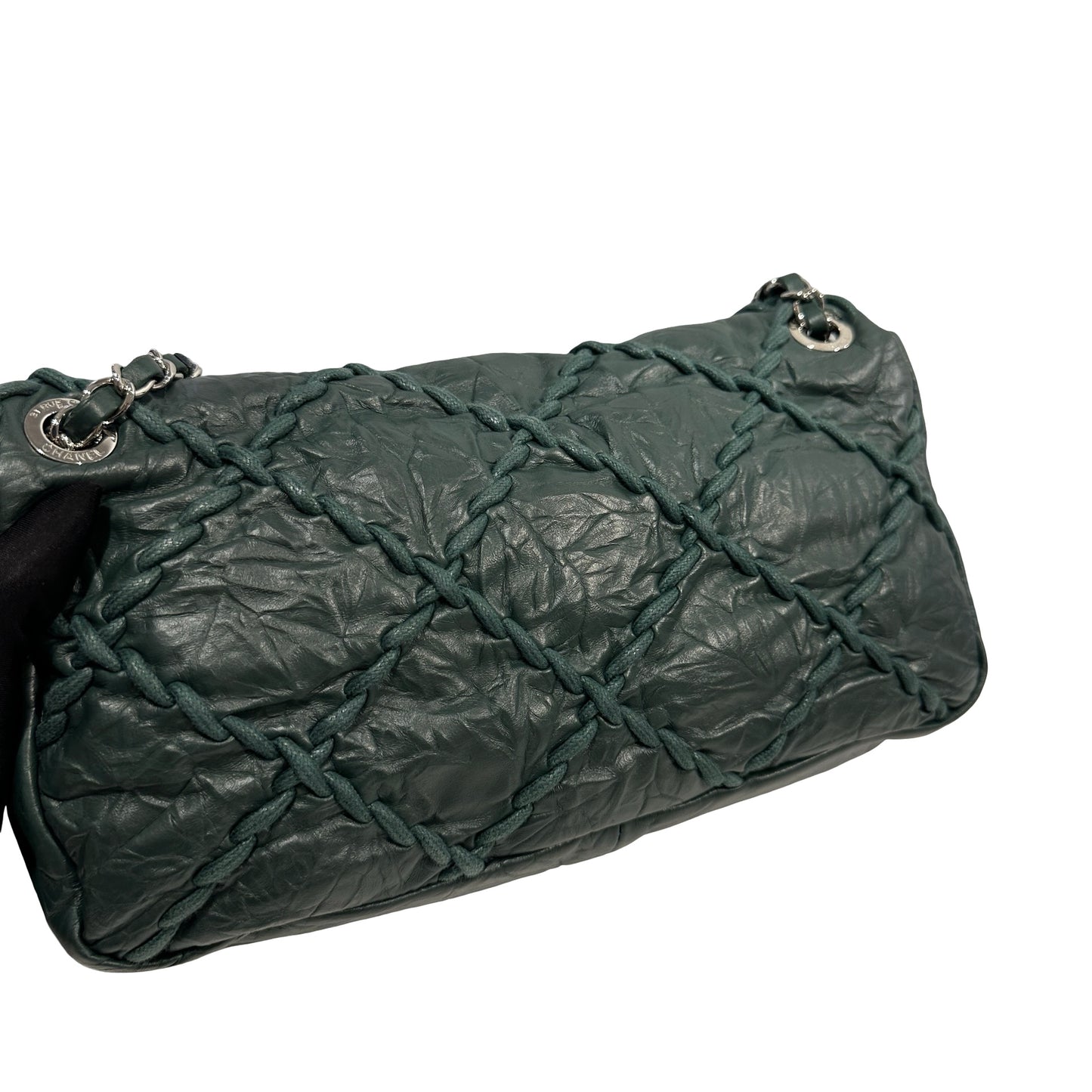 CHANEL Quilted Crinkled Calfskin Surpique Chain Shoulder Bag Dark Green Silver Hardware