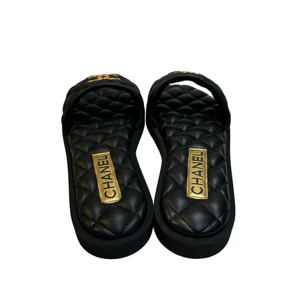 Brand New CHANEL Quilted Lambskin Mules Shoes Black Gold
