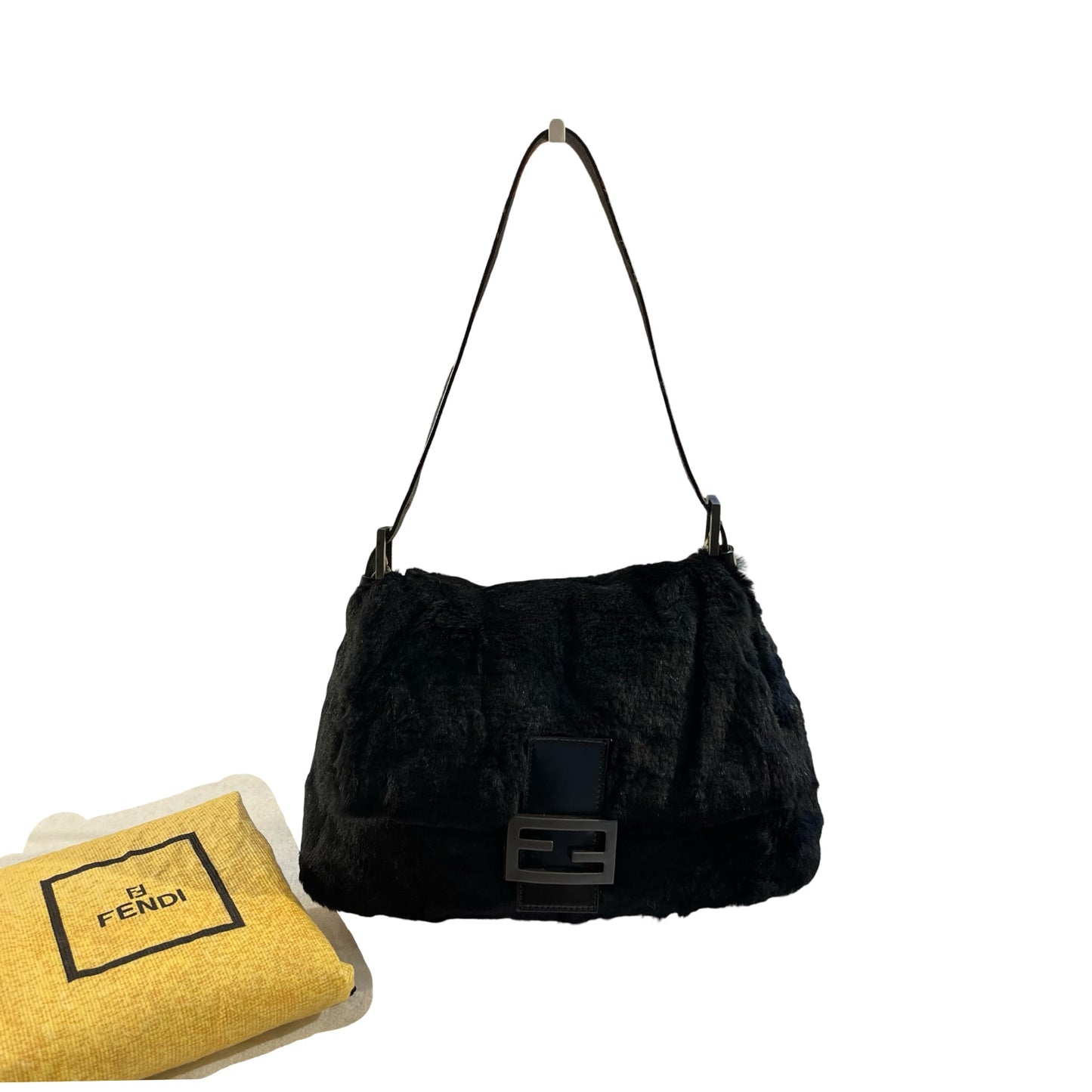 Used FENDI Rabbit Fur Shoulder Bag Black