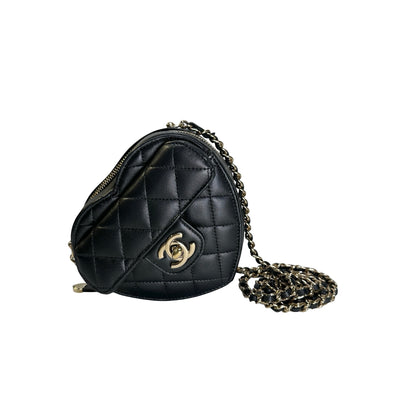 Used CHANEL Quilted Lambskin Heart Bag Mini Bag Black Gold