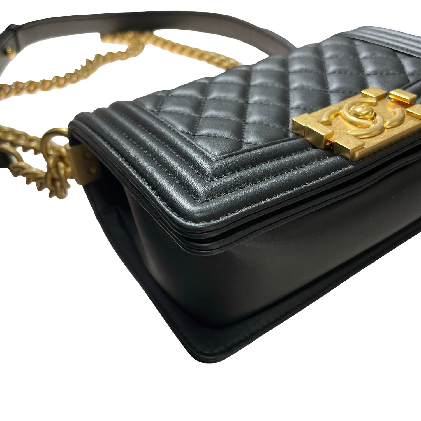 Used CHANEL Calfskin Leather Boy 20cm Shoulder Bag Black GHW