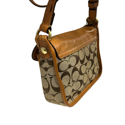 Used COACH Signature Canvas Leather Signature Canvas Flap Bag Crossbody Bag Brown Beige