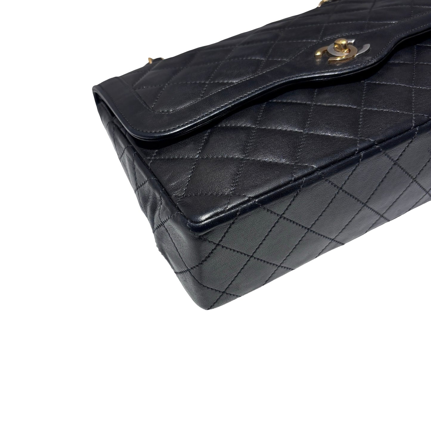 Used CHANEL Lambskin Leather Vintage Paris Double Flap Medium Chain Shoulder Bag Black GHW