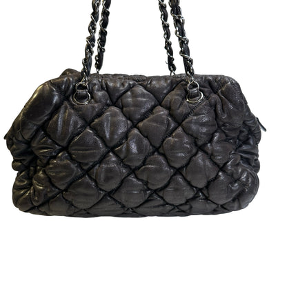Used CHANEL Quilted Leather Bubble Quilted Bowler Bag Handbag Black Silver hardware