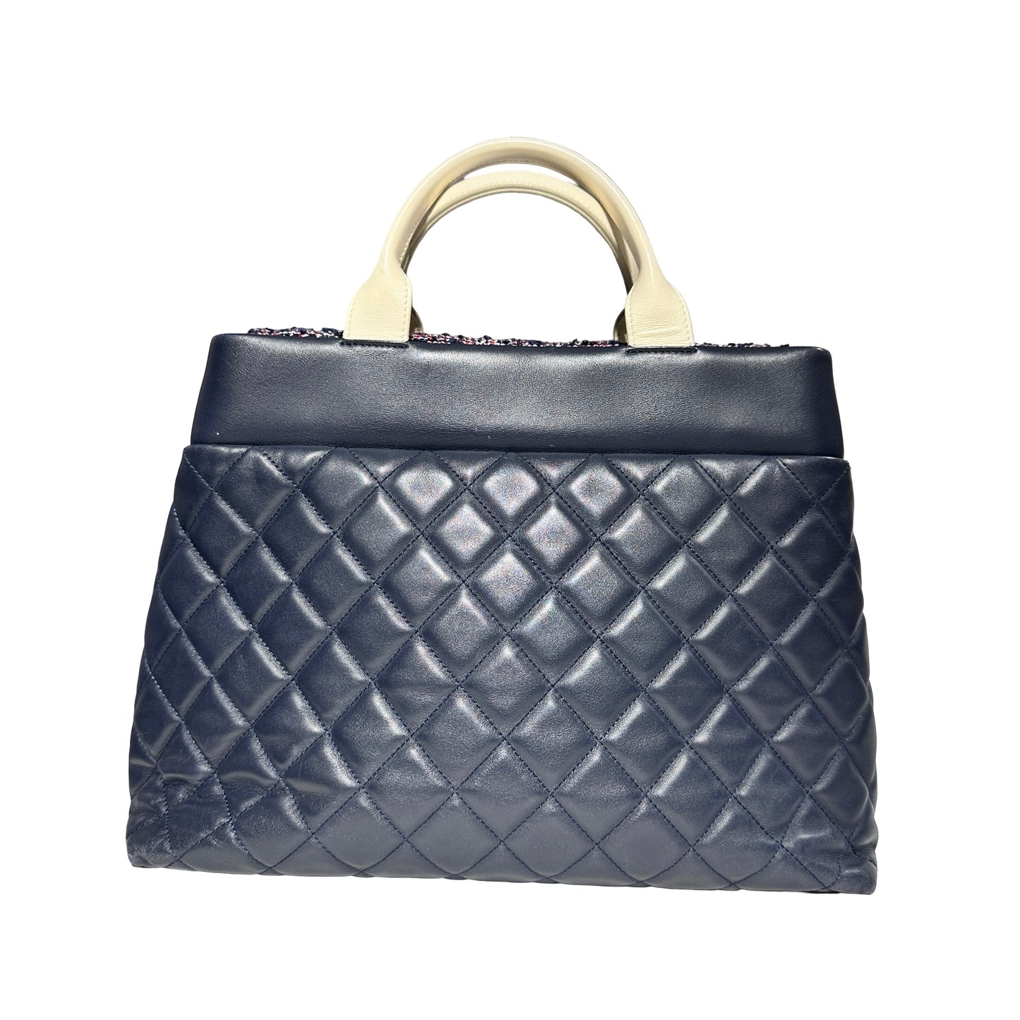 Used CHANEL Lambskin Leather Tweed Airlines Portobello Two Way Shoulder Bag Blue White PHW